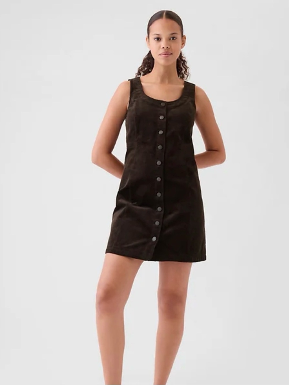 GAP Sleeveless Button-Front Mini Dress in Dark Brown